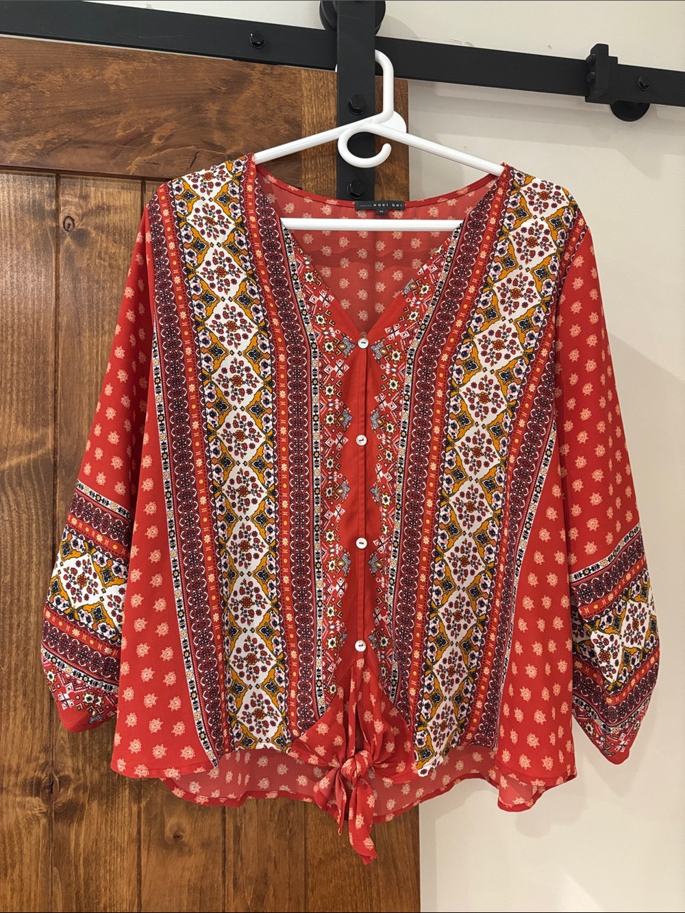 West Elm Red Printed Tie-Front Peasant Blouse